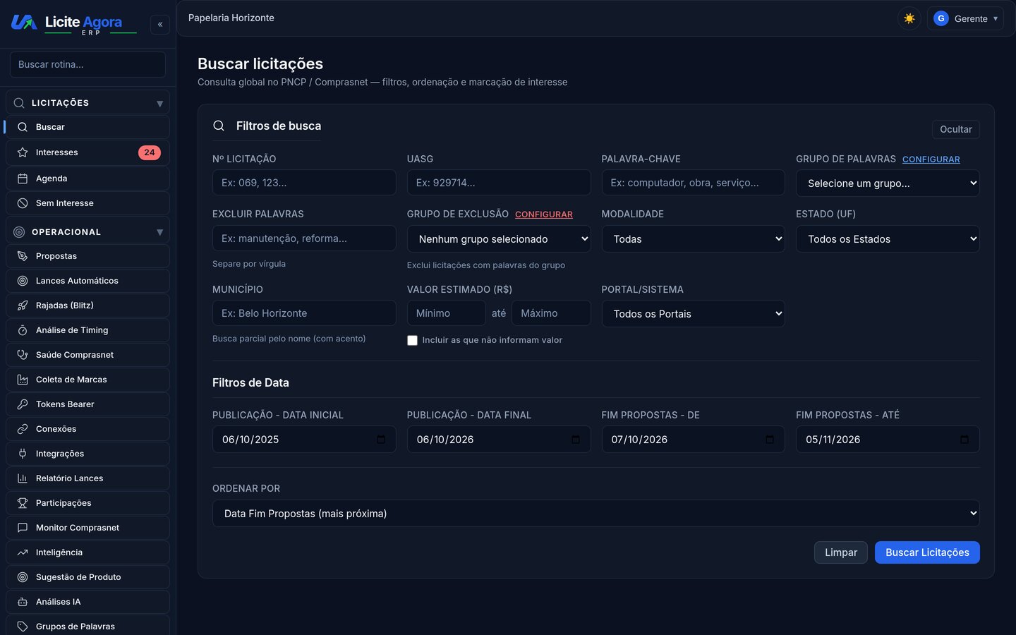 a busca de editais do Licite Agora, com os filtros por órgão, data e palavra-chave